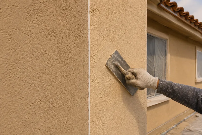 Plasterer troweling a fresh finish coat at a stucco wall corner