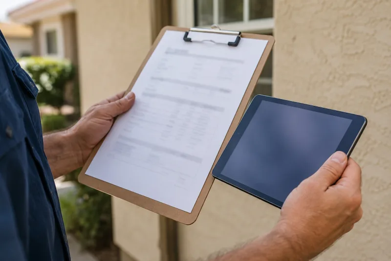 Written stucco estimate on a clipboard