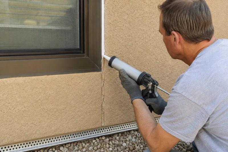 Homeowner running a fresh bead of sealant along the joint where a stucco wall meets a window