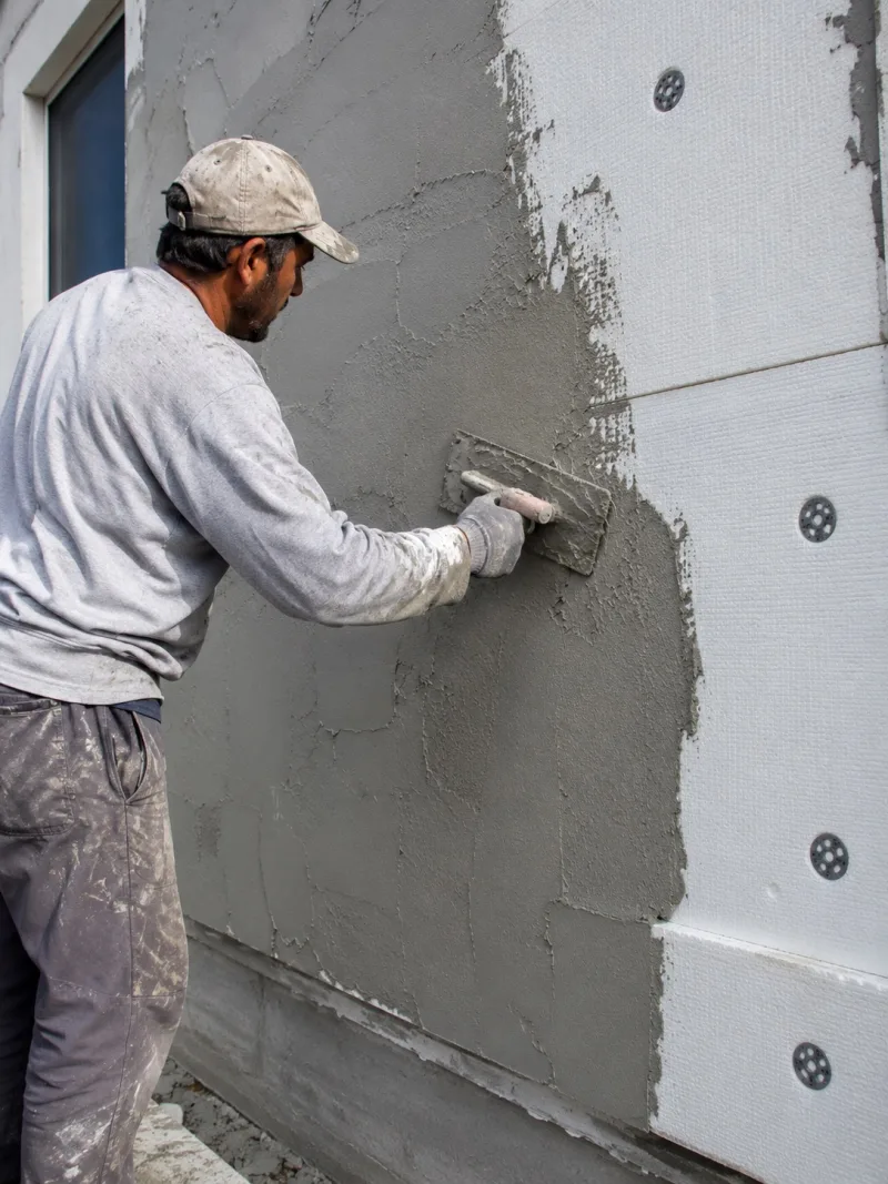 Base coat being troweled over foam insulation board